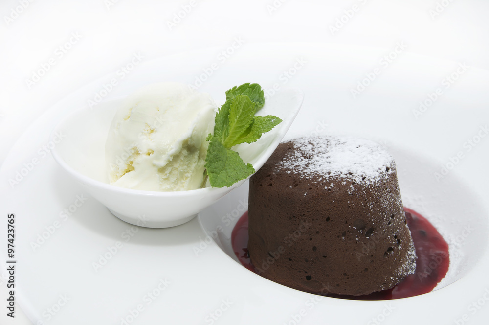 chocolate dessert with ice cream on a white background chocolate dessert with ice cream on a white background