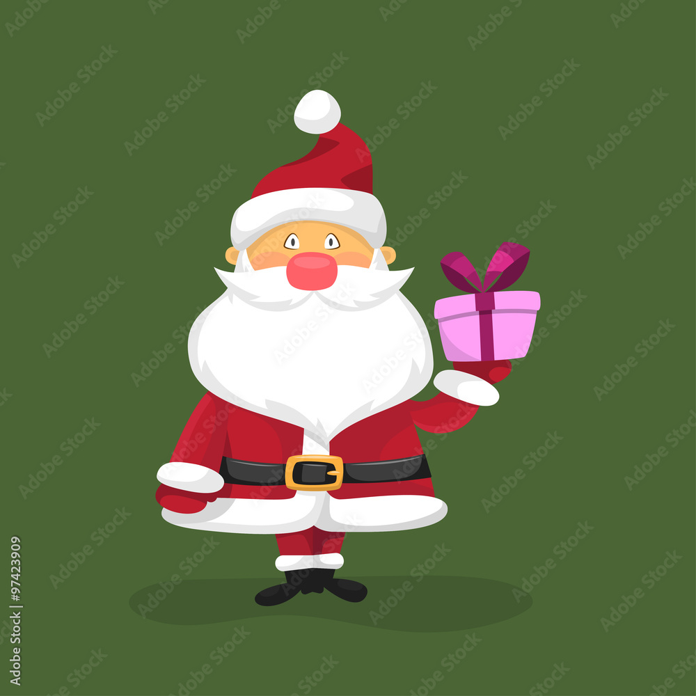 Vector illustration of funny Santa holding a present in his hand. Christmas greeting card or poster Vector illustration of funny Santa holding a present in his hand. Christmas greeting card or poster