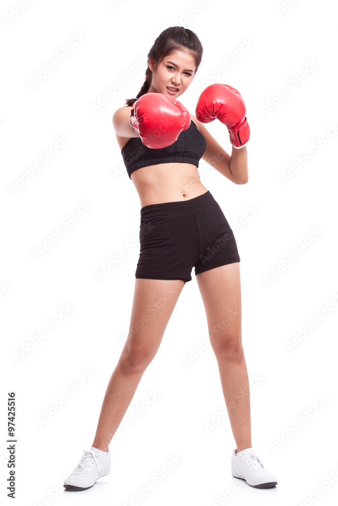 Boxer - fitness woman boxing wearing boxing gloves on white background. Boxer - fitness woman boxing wearing boxing gloves on white background.