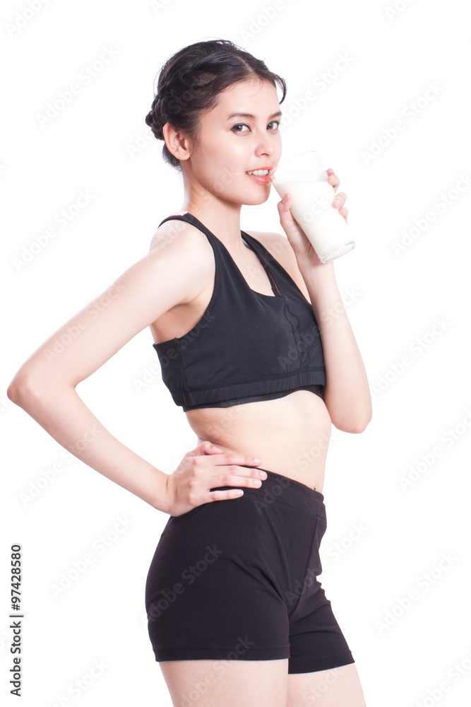 Beautiful healthy woman holding glass of milk on white background. Beautiful healthy woman holding glass of milk on white background.