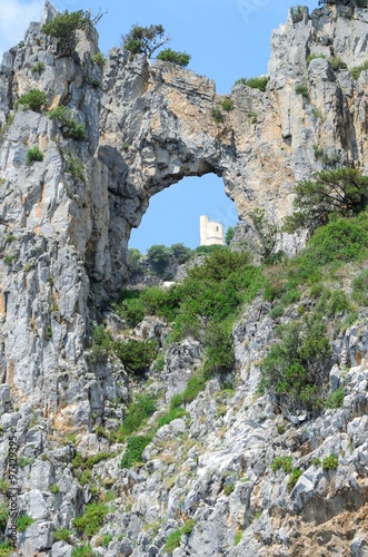 Medieval watching tower in hole through mountain, Cilento