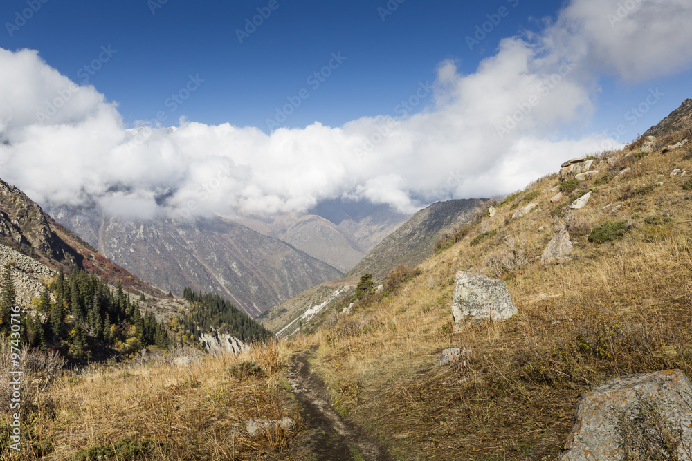 The panorama of mountain landscape of Ala-Archa gorge in the sum