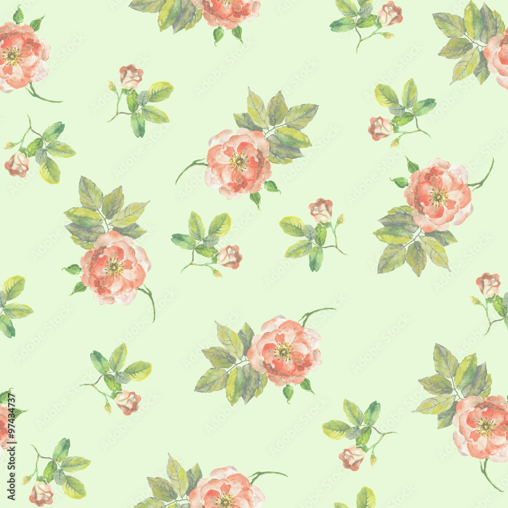 Seamless repeated vintage template with small flowers roses on pastel green background 
