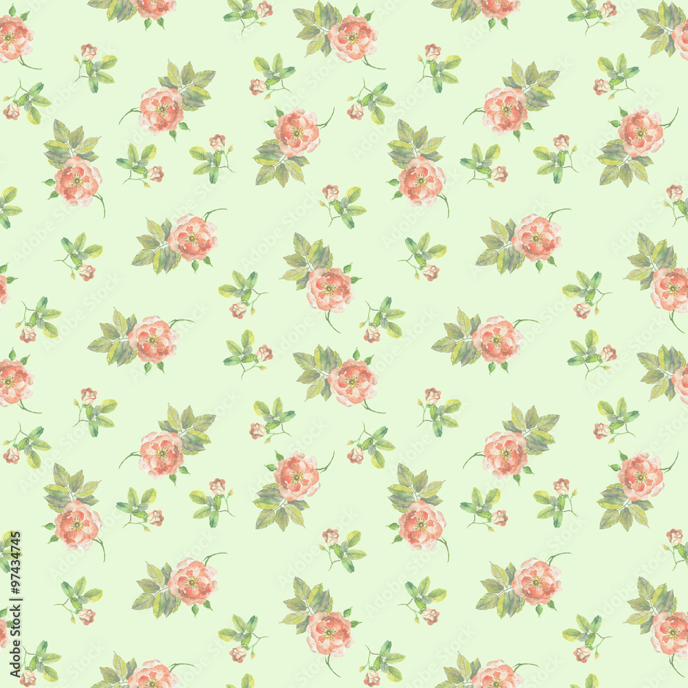 Faded green seamless floral pattern with tiny roses 