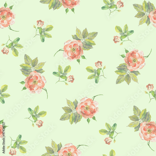 Canvas Print Seamless repeated vintage template with small flowers roses on pastel green back