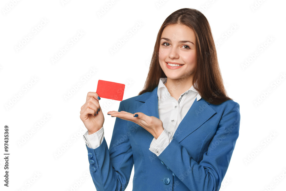 Smiling business woman showing blank credit card in blue suit, isolated over white background Smiling business woman showing blank credit card in blue suit, isolated over white background