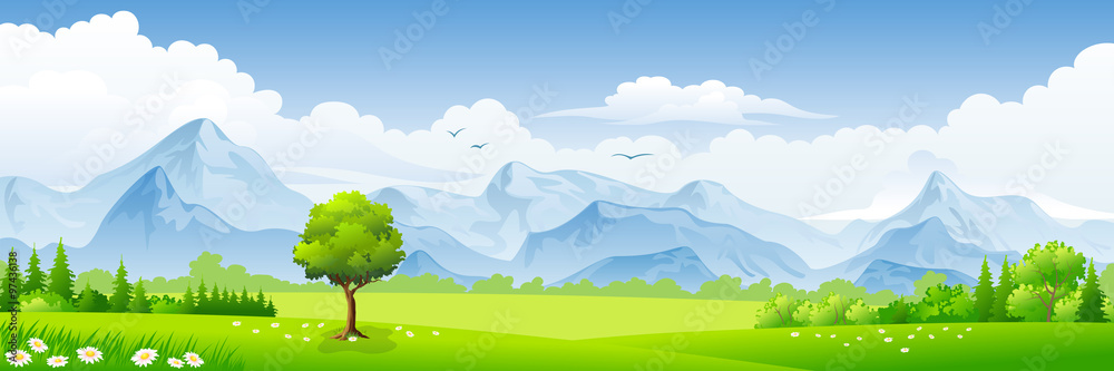 Summer landscape with meadows and mountains