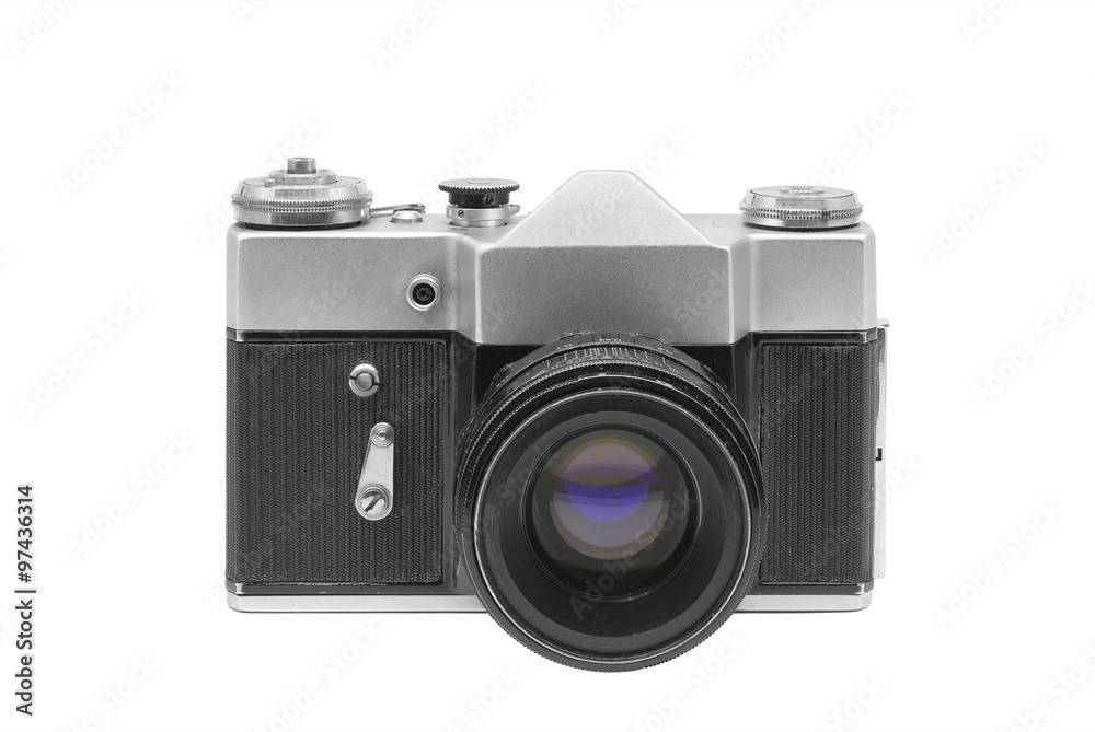 Old film camera with lens, isolated on white background