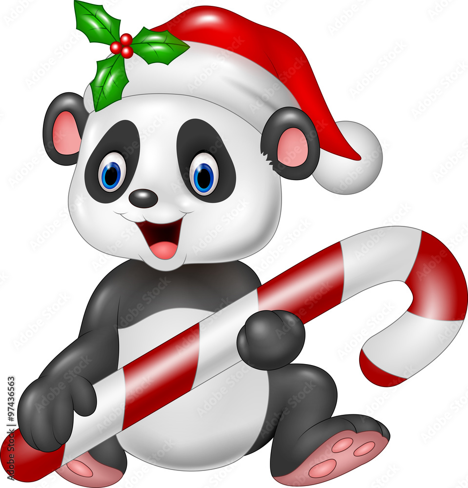 Fototapeta premium Cute baby panda holding Christmas candy