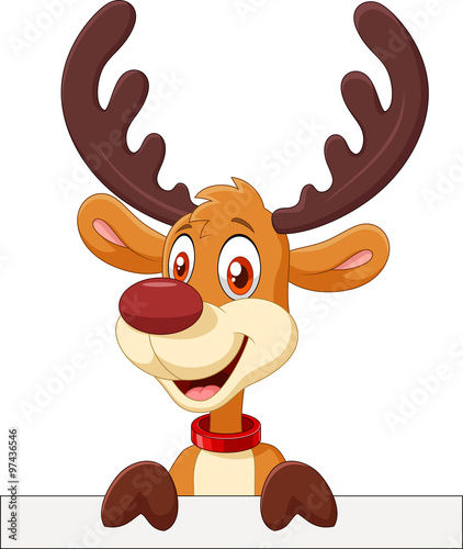 Cute deer holding blank sign Isolated on white background