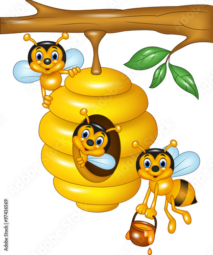Illustration of branch of a tree with a beehive and  bees
