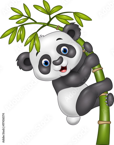 Fototapeta Naklejka Na Ścianę i Meble -  Cute funny baby panda hanging on the bamboo tree
