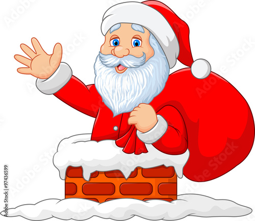Happy Santa Claus with sack in the chimney 
