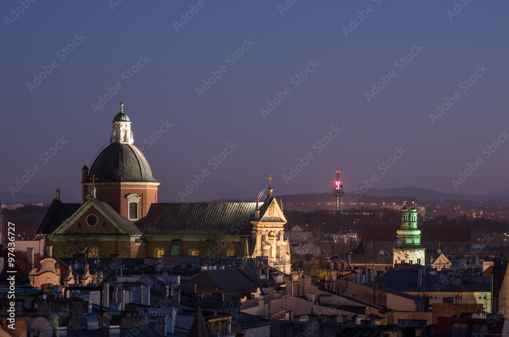 Saints Peter and Paul church in Krakow, Poland, seen from Town Hall tower in the evening