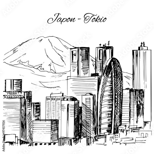 Hand drawn Tokio cityscape scene