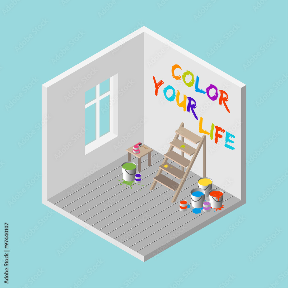 3D room with ladder, paint buckets, paintbrush and Color You Life colorful text on the wall. Isometric vector illustration 3D room with ladder, paint buckets, paintbrush and Color You Life colorful text on the wall. Isometric vector illustration