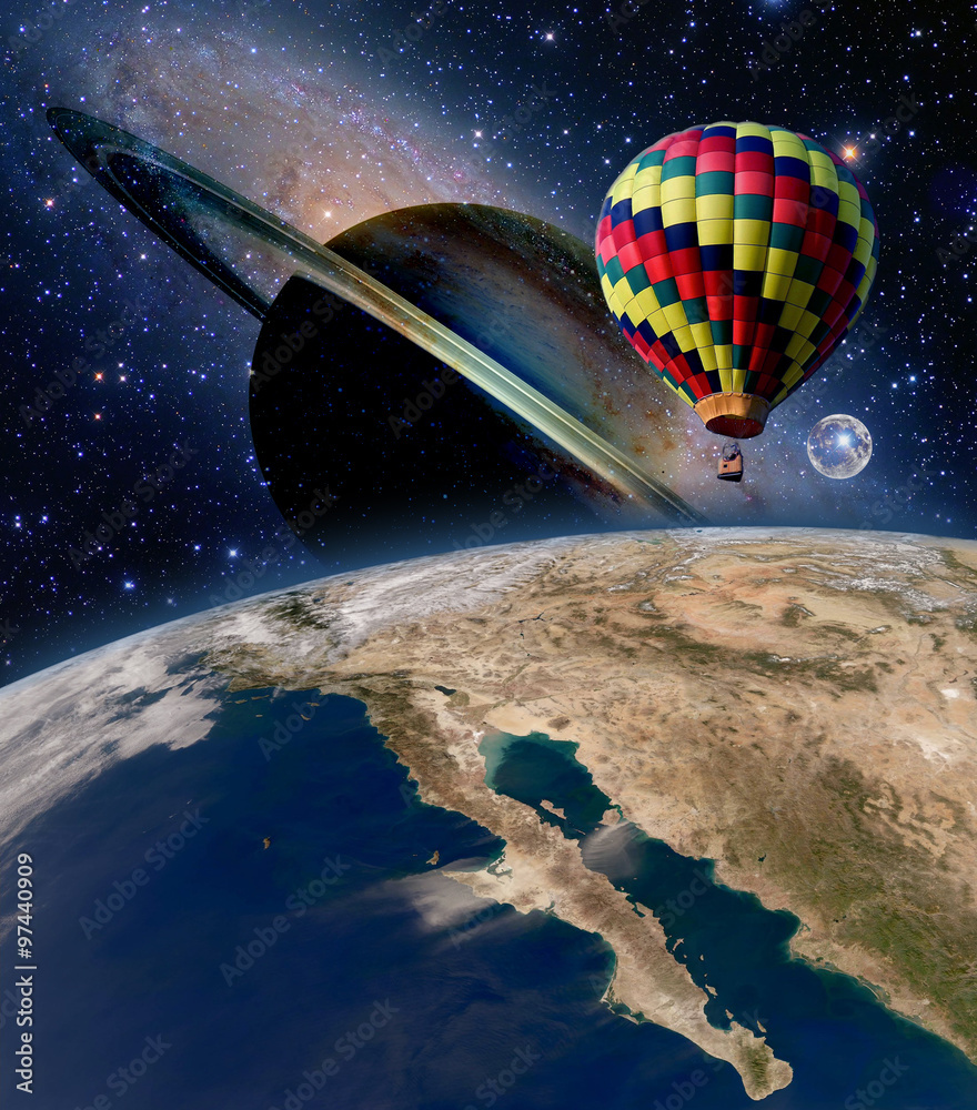 Fototapeta premium Hot air balloon surreal wonderland fairy tale landscape fantasy moon planet. Elements of this image furnished by NASA.