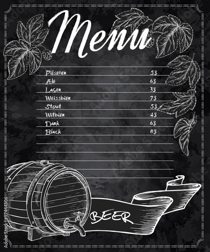 vector hand drawn chalkboard beer menu with cones and leaves of hop and beer barrel