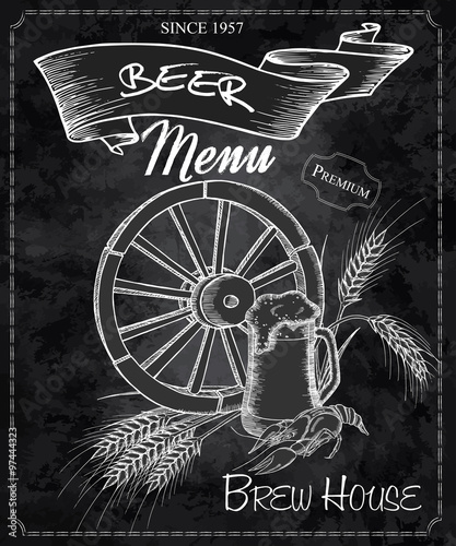 vector hand drawn chalkboard with beer menu. Contains wheel, beer mug, crayfish and ears of wheat