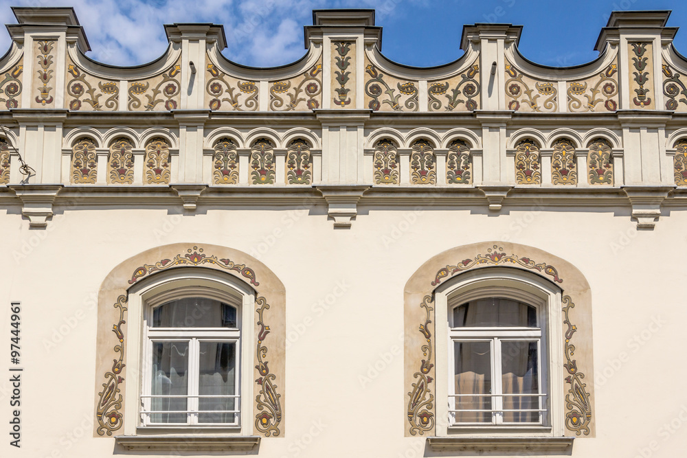 Facade of an old appartment buidling in Budapest Hungary with a