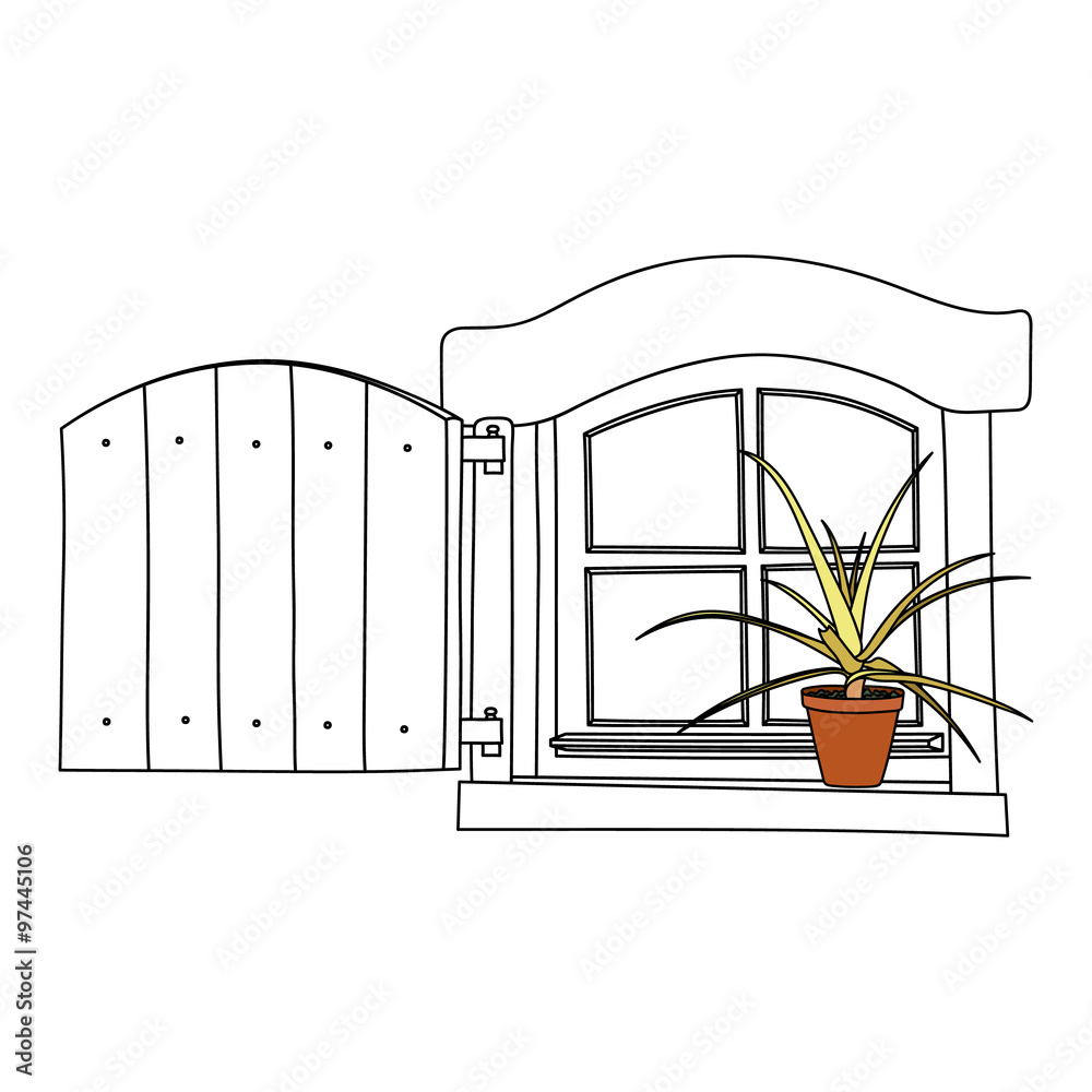 Vintage window with blooming flowers in pot on white background
