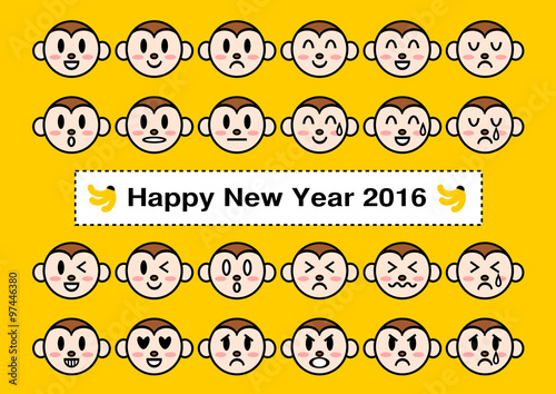 2016年申年年賀状イラスト:  お猿の表情アイコン