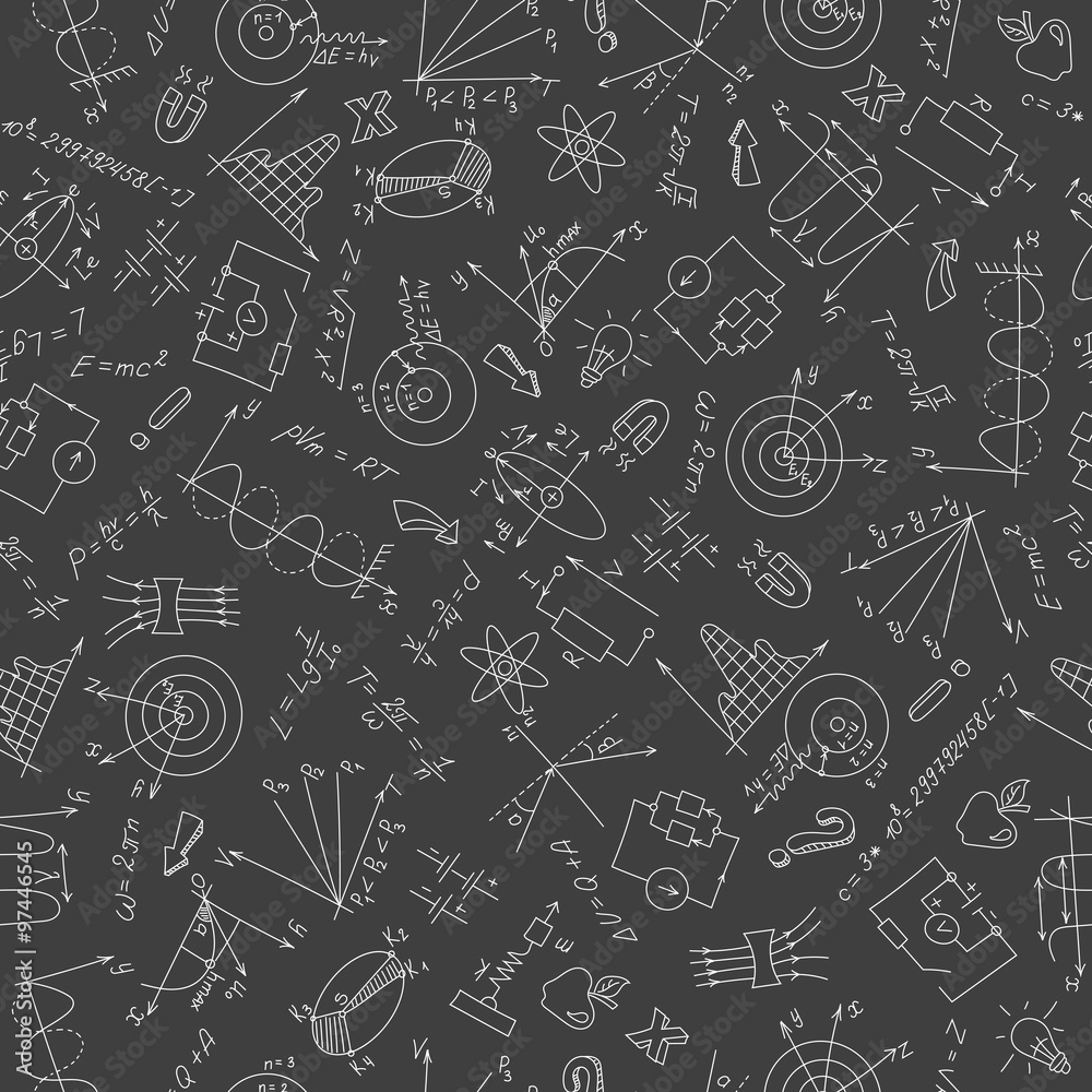 Seamless pattern with formulas,graphs, and equipment n a topic of physics of white on a dark background Seamless pattern with formulas,graphs, and equipment n a topic of physics of white on a dark background