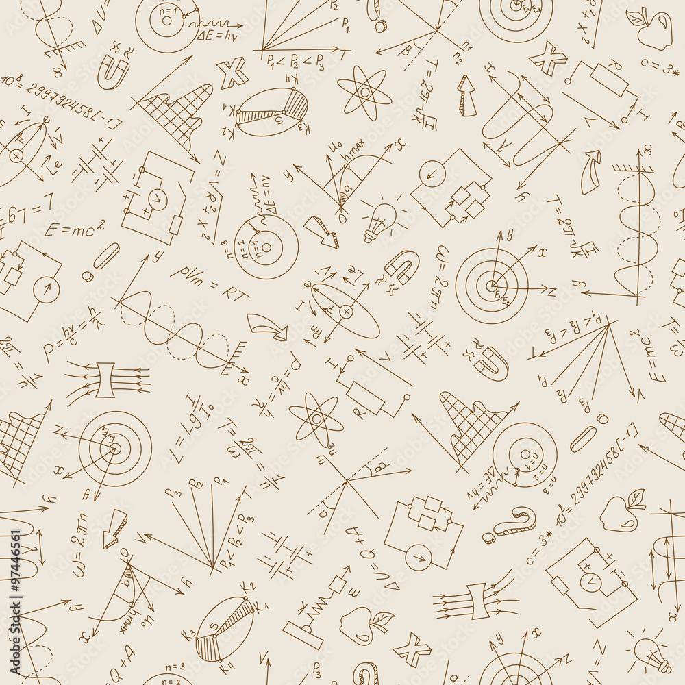 Seamless pattern with formulas,graphs, and equipment as the subject of physics in sepia Seamless pattern with formulas,graphs, and equipment as the subject of physics in sepia