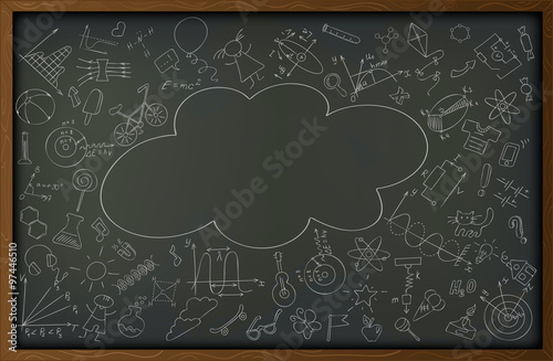 The background image in the form of a school blackboard with chalk stains and drawings on the theme of the beginning of the school year and education
