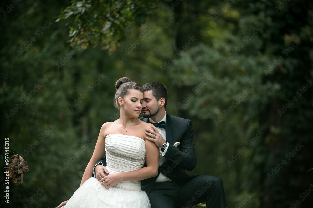 Beautiful wedding couple sitting in the woods