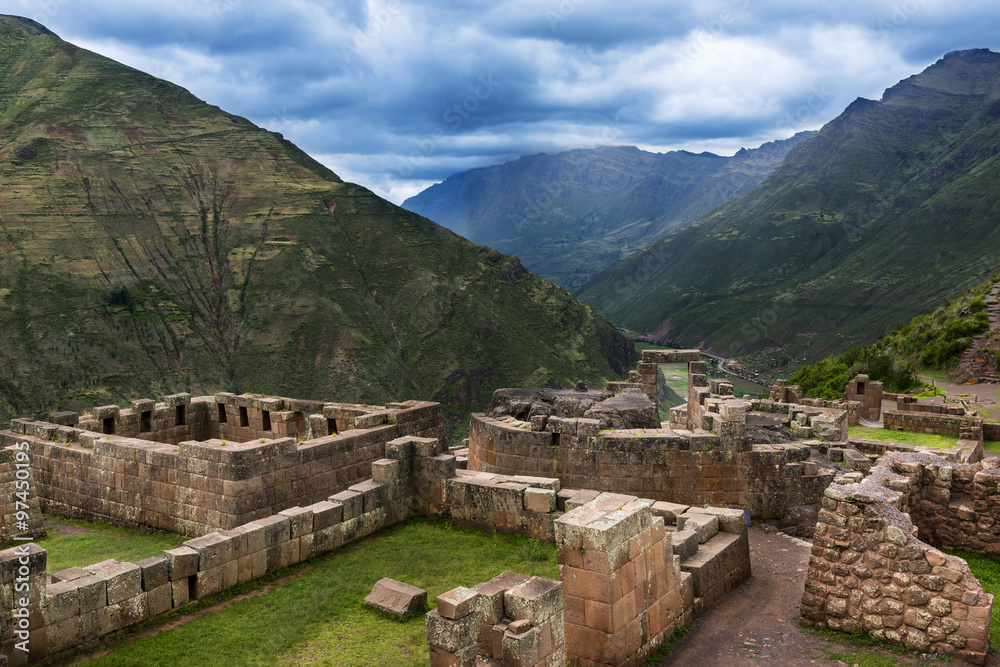 View of Inca Ruins near the town of Pisac in the Sacred Valley, Peru