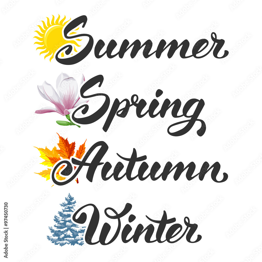 Four seasons set. Hand lettering calligraphic inscriptions by brush isolated on white background. Vector illustration.