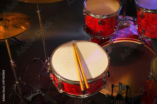 Drums set and sticks, close-up