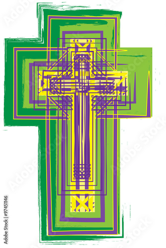 Abstract artistic green, purple and yellow cross