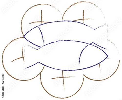 Two fish and five bread loeaves Eucharist symbol simple vector drawing illustration