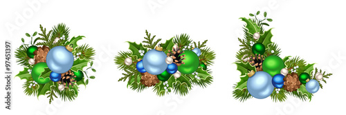 Set of three vector blue and green Christmas decorations with balls, fir-tree branches, cones, holly and mistletoe isolated on a white background. 