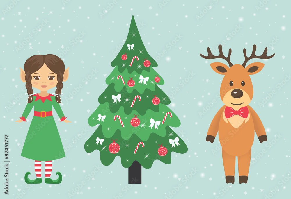 deer and girl elf with braid and fir-tree