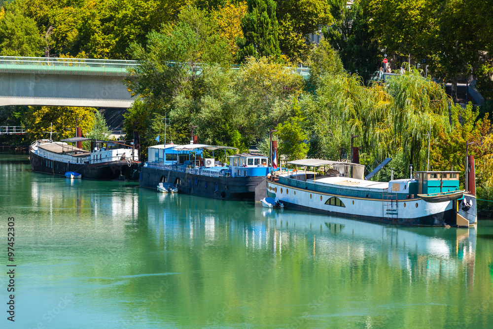 Fototapeta premium View of houseboats on the river in Lyon, France