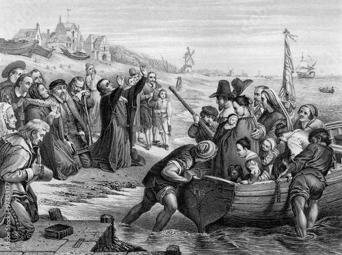 An engraved illustration of the Pilgrim Fathers leaving England, from a Victorian book dated 1886 that is no longer in copyrigh photo