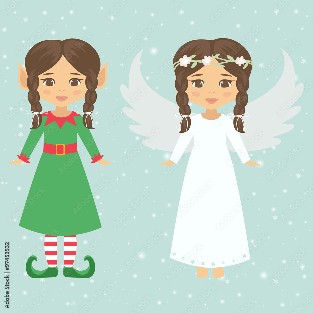 girl elf with braid and christmas angel girl elf with braid and christmas angel