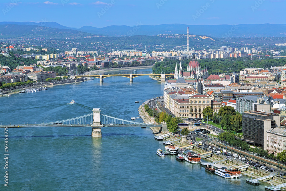 Budapest, Hungary. View of Danube with Szechenyi Chain Bridge, Margaret Bridge and Hungarian Parliament Building. View from Gellert Hill.