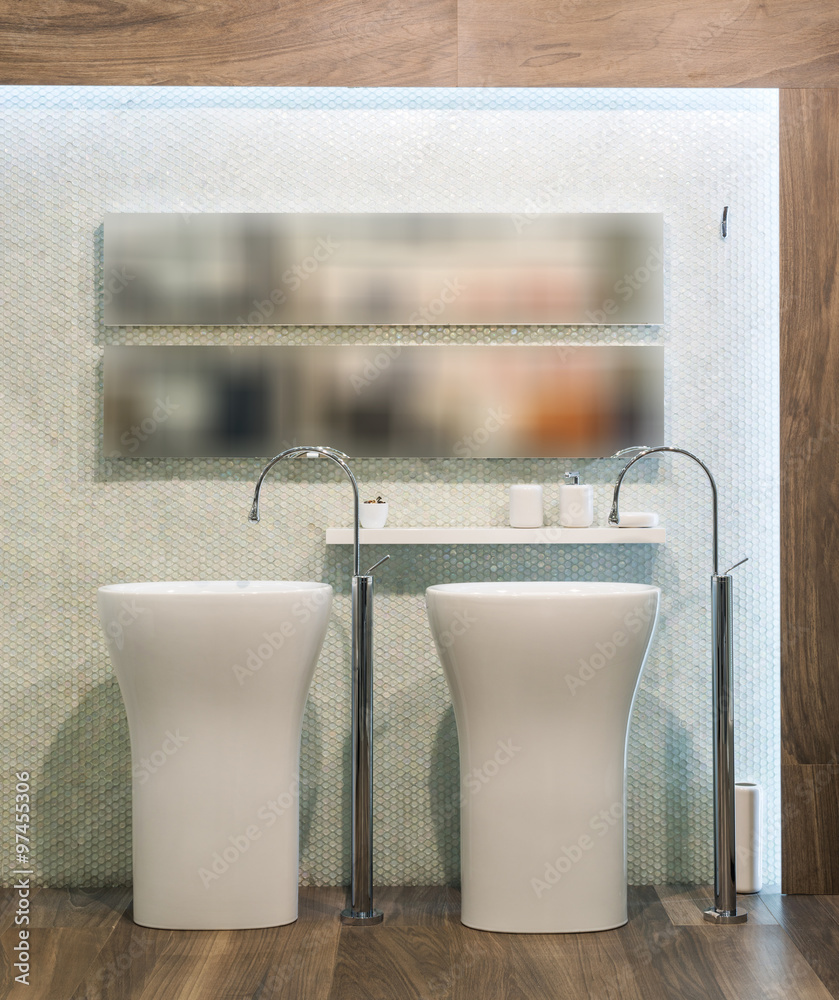 Washbasin and mirror in modern bathroom interior - obrazy, fototapety, plakaty 