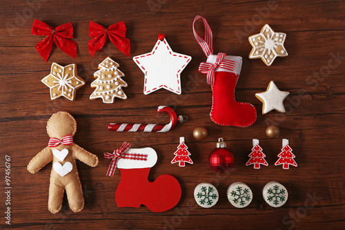 Christmas decoration collection on wooden table top view