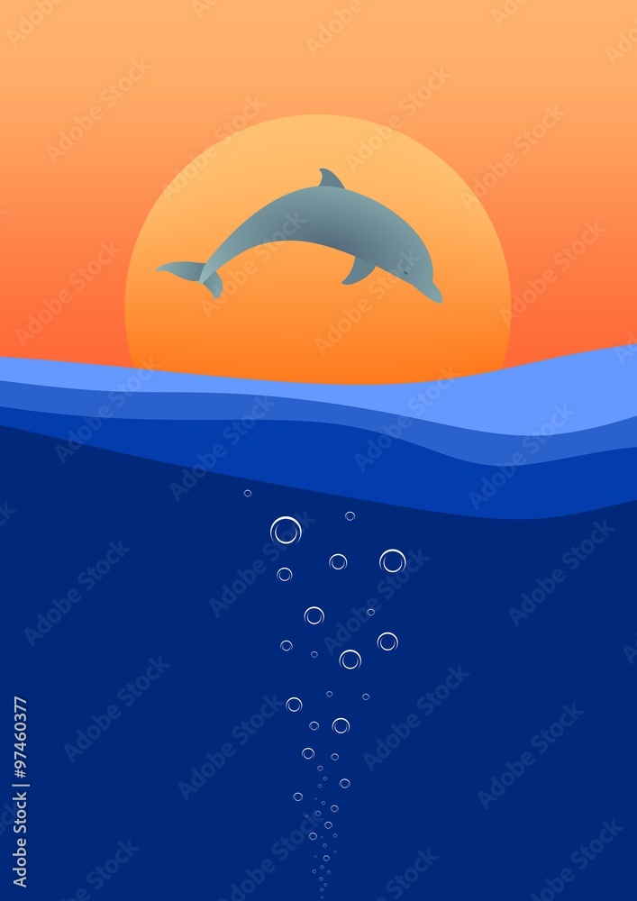 Fototapeta premium Landscape with the sunset with the jumping dolphins above the sea surface with waves with bubbles under water and orange sun on the horizon