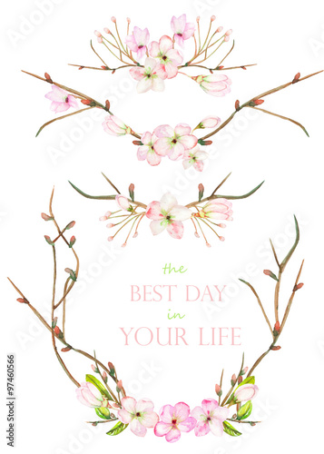 A set with an isolated frame borders  floral decorative ornaments with the watercolor blooming flowers  leaves and branches with the buds  painted on a white background for a wedding decoration