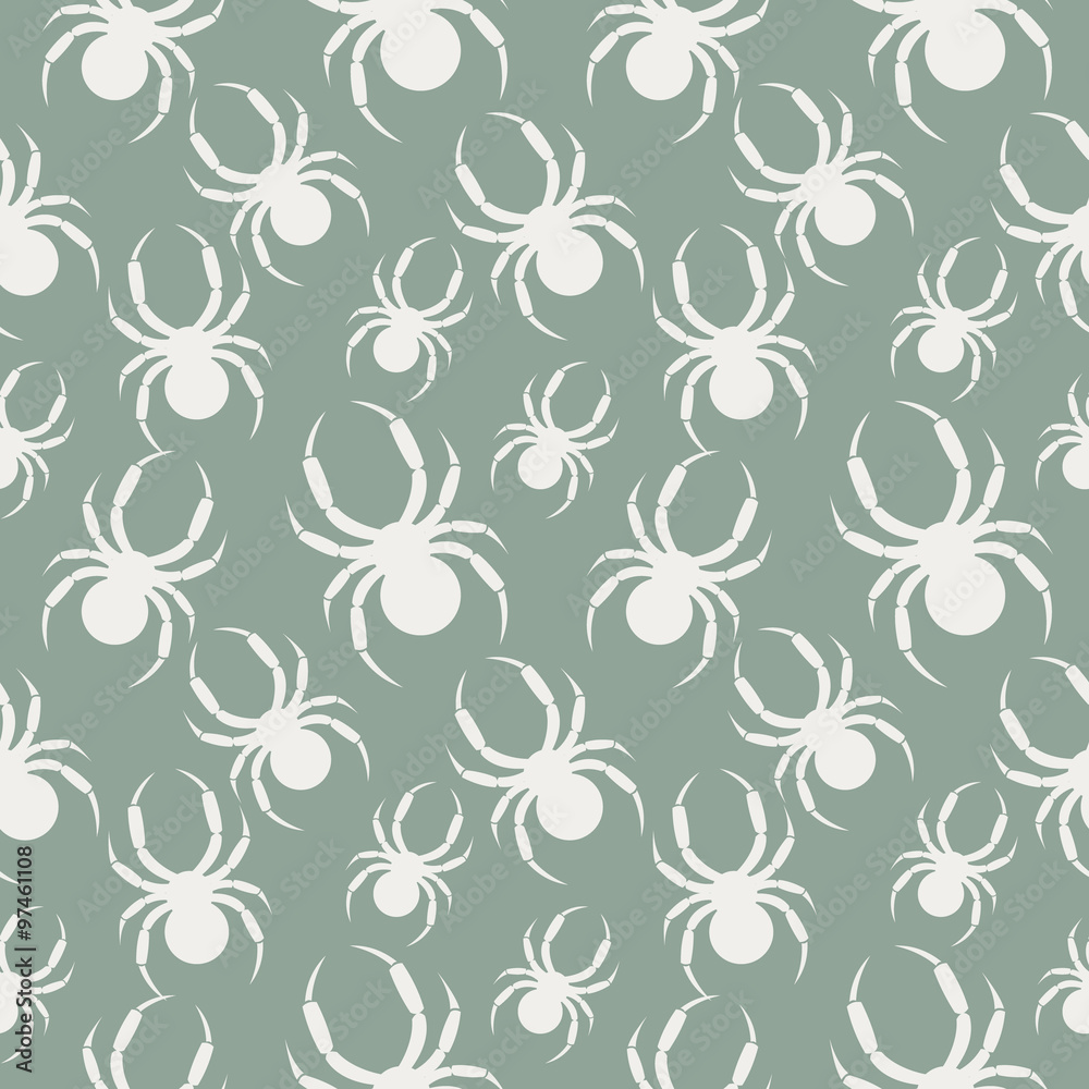 Seamless vector pattern with insects, chaotic pastel background with white spiders