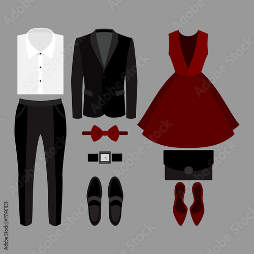 Set of  trendy clothes. Outfit of man and woman clothes and accessories. Vector illustration