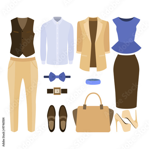 Set of  trendy clothes. Outfit of man and woman clothes and accessories. Vector illustration