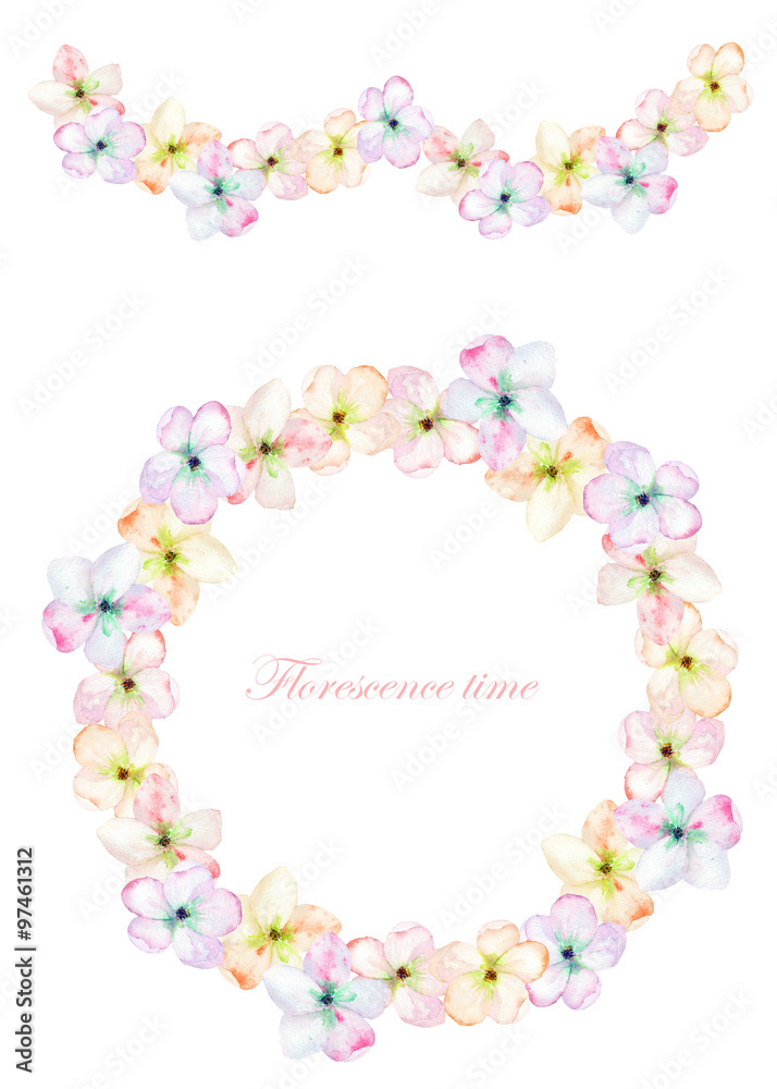 Frame border, garland and wreath of the tender pink blooming flowers, painted in a watercolor on a white background, greeting card, decoration postcard or invitation card