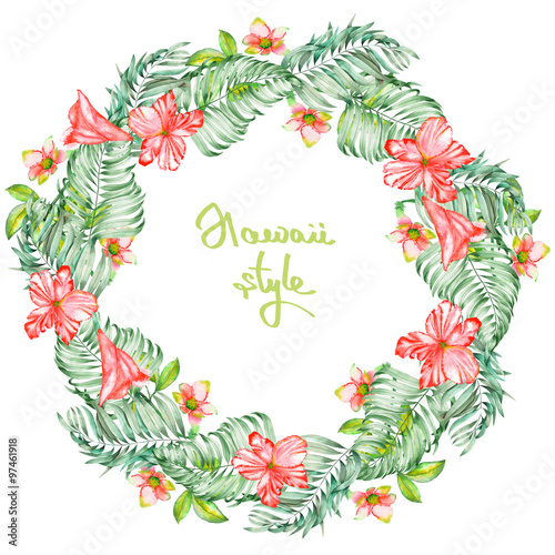 A wreath (frame) of the watercolor red exotic flowers, hibiscus and the leaves of the palms, a place for a text, painted on a white background
